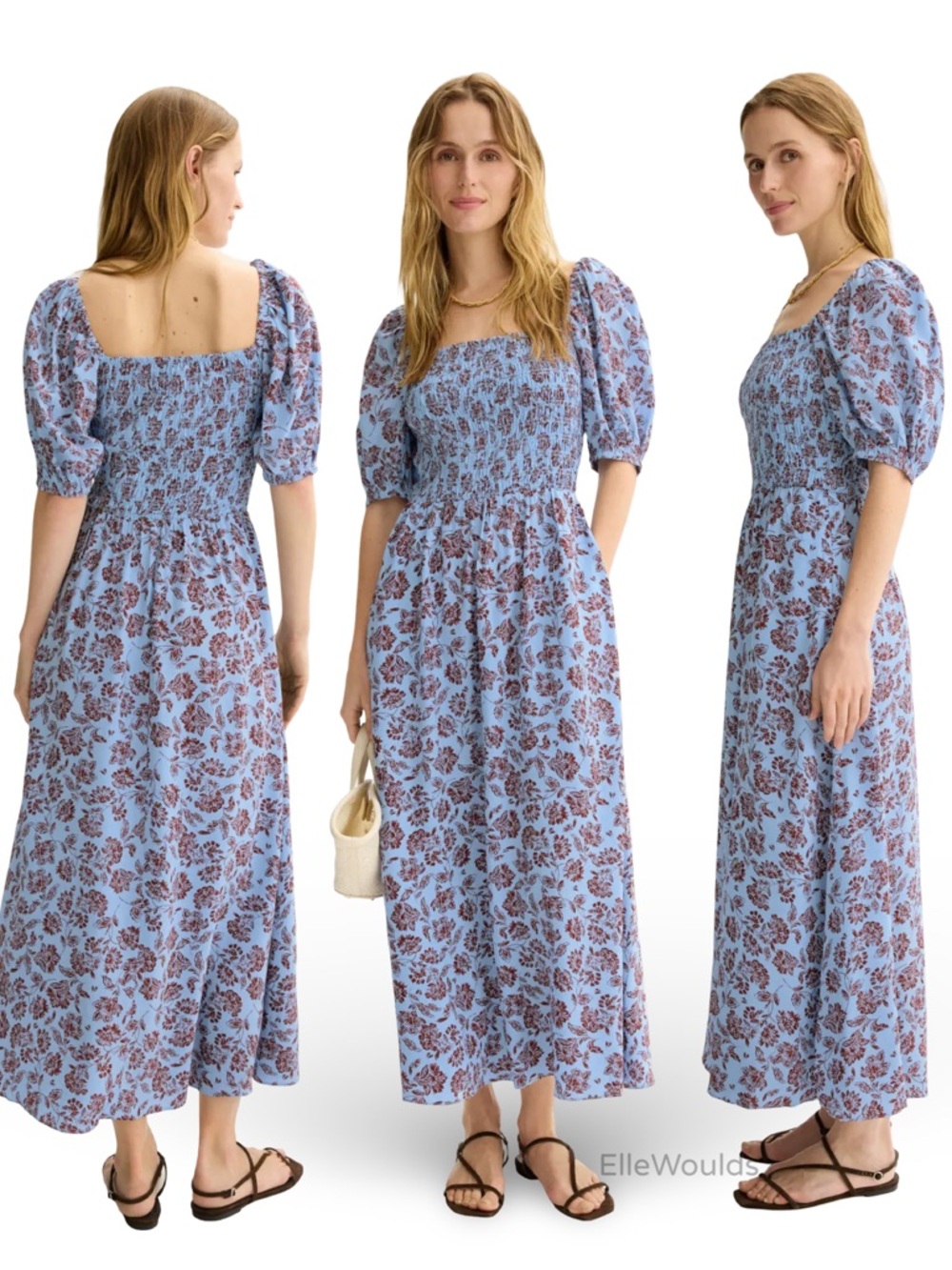 Madewell Smocked Short Sleeve Midi Dress Blue Floral Puff Sleeve Size 4